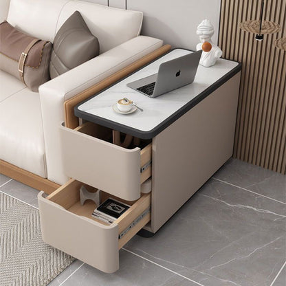 Modern Luxury Cat Scratch Leather Wood Sintered Stone Rounded Rectangular Side Table With 2 Drawers For Living Room