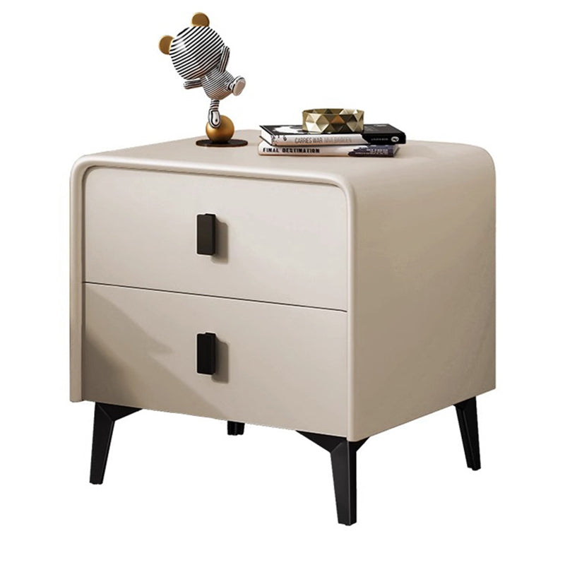 Contemporary Scandinavian Microfiber Leather MDF Solid Wood Steel Rounded Square Nightstand With 2 Drawers For Bedroom