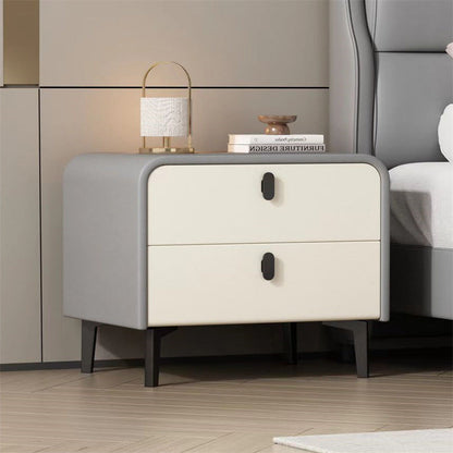 Contemporary Scandinavian Microfiber Leather MDF Solid Wood Steel Rounded Square Nightstand With 2 Drawers For Bedroom