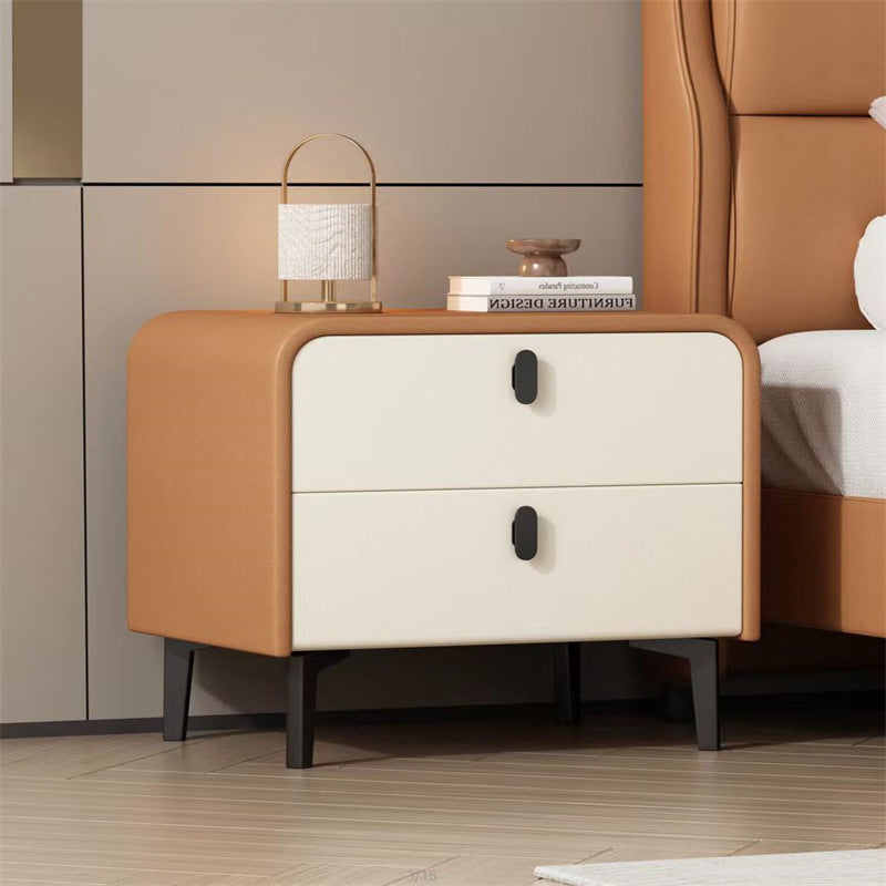 Contemporary Scandinavian Microfiber Leather MDF Solid Wood Steel Rounded Square Nightstand With 2 Drawers For Bedroom