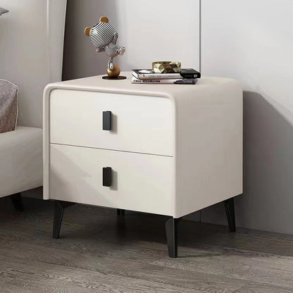 Contemporary Scandinavian Microfiber Leather MDF Solid Wood Steel Rounded Square Nightstand With 2 Drawers For Bedroom