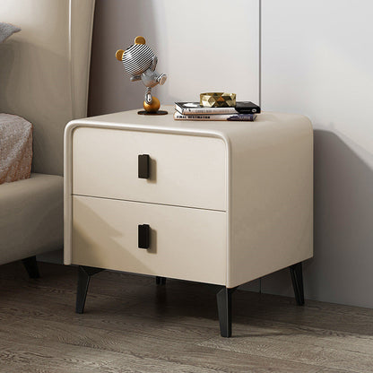 Contemporary Scandinavian Microfiber Leather MDF Solid Wood Steel Rounded Square Nightstand With 2 Drawers For Bedroom
