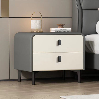 Contemporary Scandinavian Microfiber Leather MDF Solid Wood Steel Rounded Square Nightstand With 2 Drawers For Bedroom