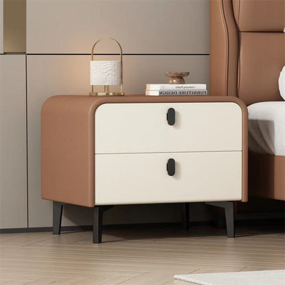 Contemporary Scandinavian Microfiber Leather MDF Solid Wood Steel Rounded Square Nightstand With 2 Drawers For Bedroom