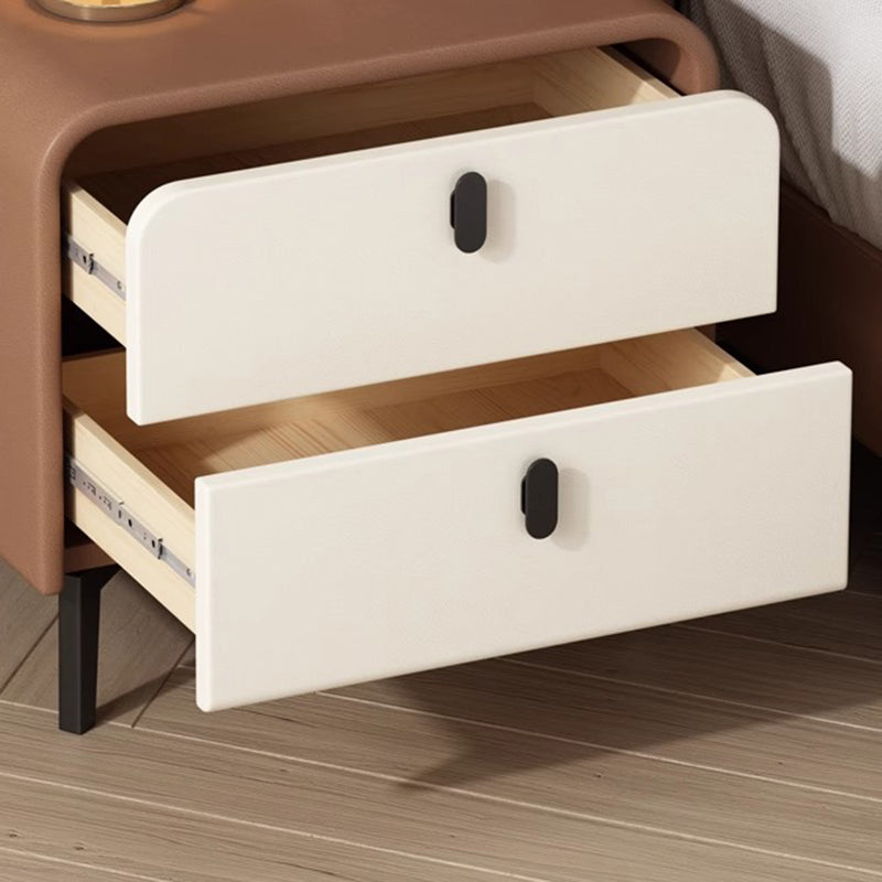 Contemporary Scandinavian Microfiber Leather MDF Solid Wood Steel Rounded Square Nightstand With 2 Drawers For Bedroom