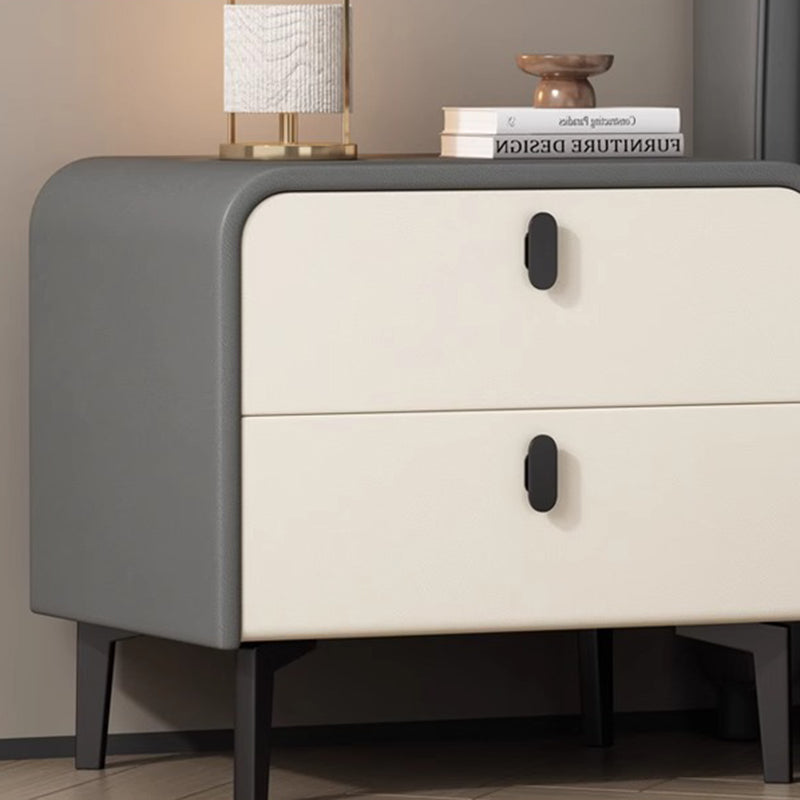 Contemporary Scandinavian Microfiber Leather MDF Solid Wood Steel Rounded Square Nightstand With 2 Drawers For Bedroom