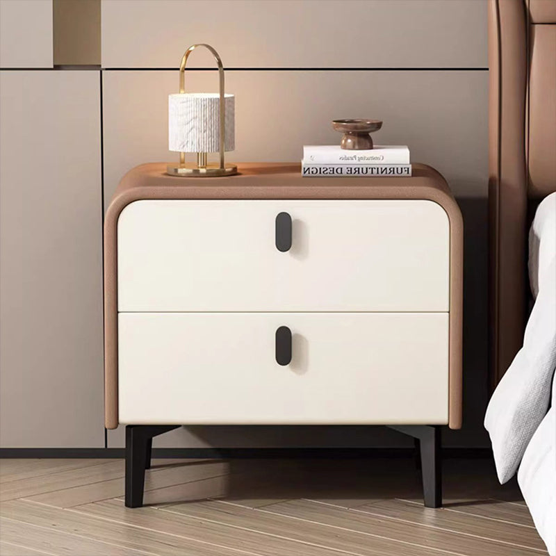 Contemporary Scandinavian Microfiber Leather MDF Solid Wood Steel Rounded Square Nightstand With 2 Drawers For Bedroom