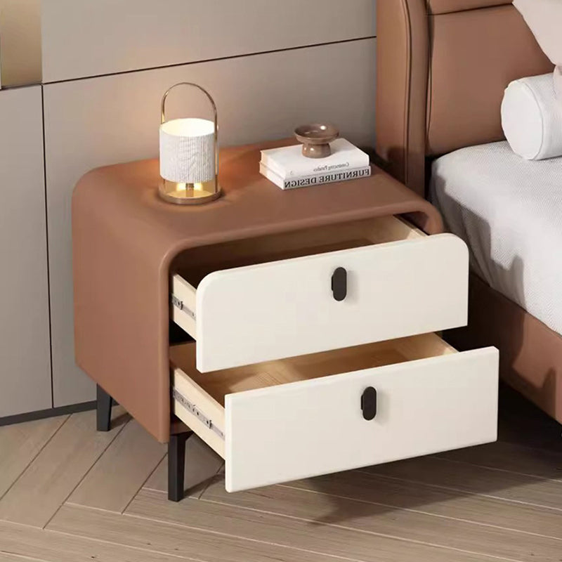 Contemporary Scandinavian Microfiber Leather MDF Solid Wood Steel Rounded Square Nightstand With 2 Drawers For Bedroom
