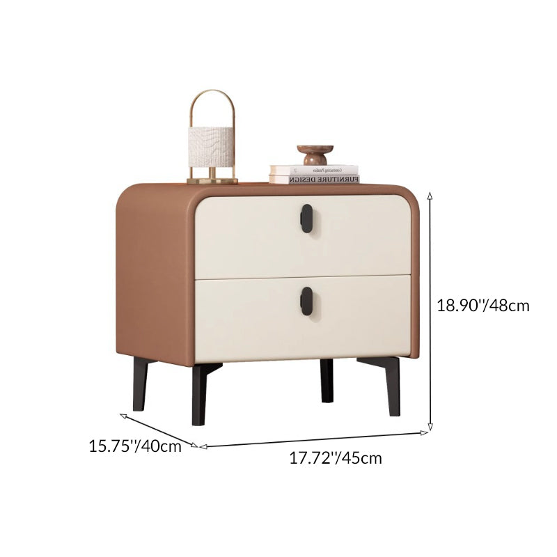 Contemporary Scandinavian Microfiber Leather MDF Solid Wood Steel Rounded Square Nightstand With 2 Drawers For Bedroom
