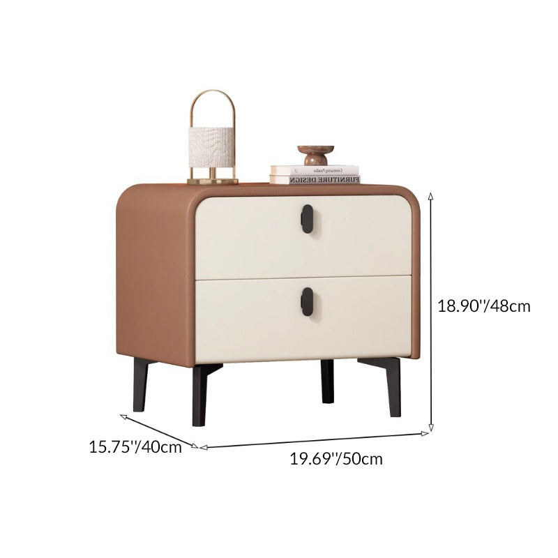 Contemporary Scandinavian Microfiber Leather MDF Solid Wood Steel Rounded Square Nightstand With 2 Drawers For Bedroom
