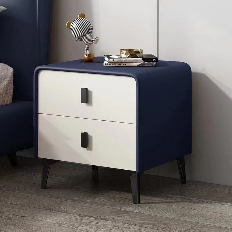 Contemporary Scandinavian Microfiber Leather MDF Solid Wood Steel Rounded Square Nightstand With 2 Drawers For Bedroom