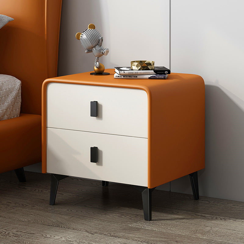 Contemporary Scandinavian Microfiber Leather MDF Solid Wood Steel Rounded Square Nightstand With 2 Drawers For Bedroom