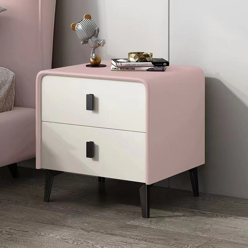 Contemporary Scandinavian Microfiber Leather MDF Solid Wood Steel Rounded Square Nightstand With 2 Drawers For Bedroom