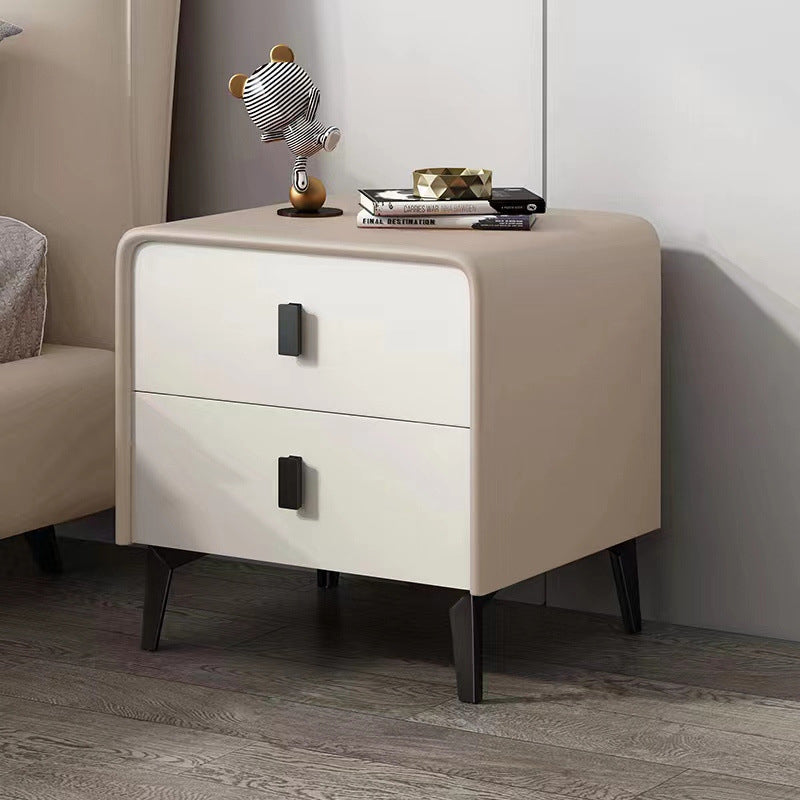 Contemporary Scandinavian Microfiber Leather MDF Solid Wood Steel Rounded Square Nightstand With 2 Drawers For Bedroom