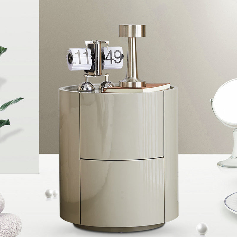 Modern Minimalist Solid Wood Metal Round Cylindrical Nightstand With 2 Drawers For Bedroom