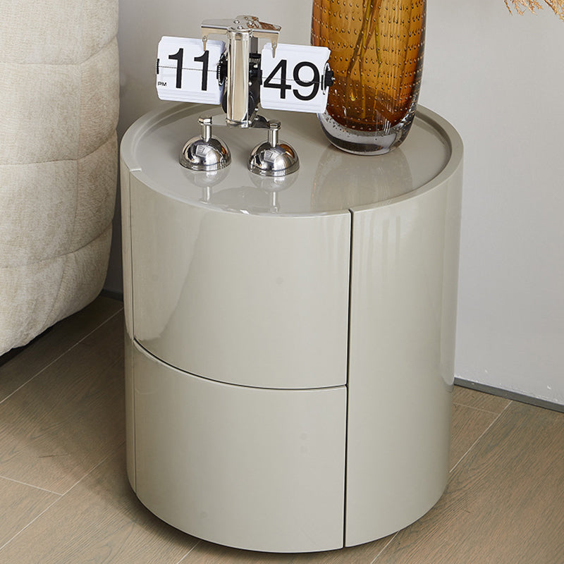 Modern Minimalist Solid Wood Metal Round Cylindrical Nightstand With 2 Drawers For Bedroom