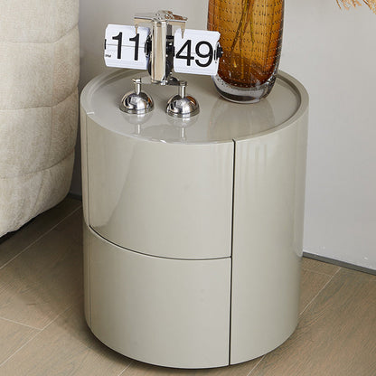 Modern Minimalist Solid Wood Metal Round Cylindrical Nightstand With 2 Drawers For Bedroom