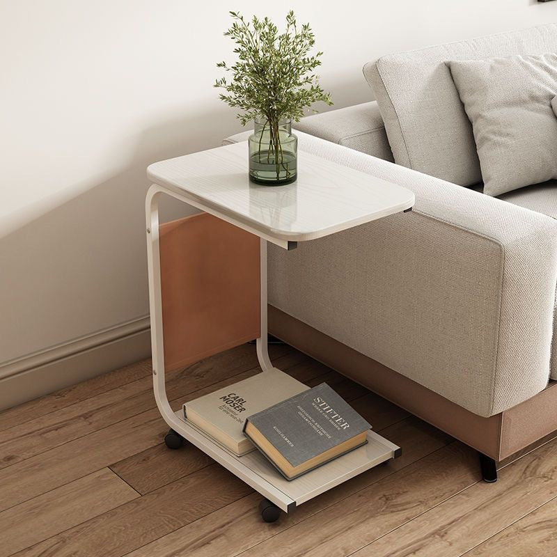 Contemporary Scandinavian Wood Steel C-Shaped Rectangular Side Table With 2 Tiers For Living Room
