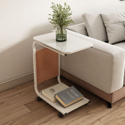 Contemporary Scandinavian Wood Steel C-Shaped Rectangular Side Table With 2 Tiers For Living Room