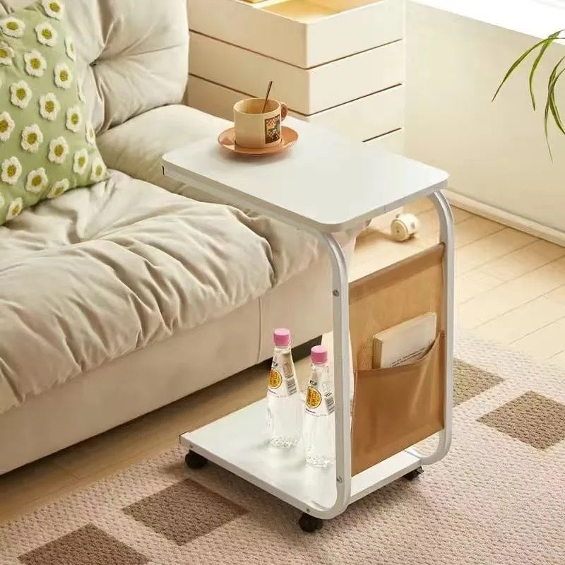 Contemporary Scandinavian Wood Steel C-Shaped Rectangular Side Table With 2 Tiers For Living Room