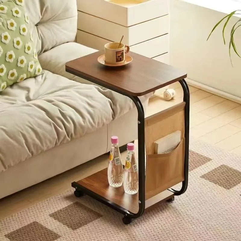 Contemporary Scandinavian Wood Steel C-Shaped Rectangular Side Table With 2 Tiers For Living Room