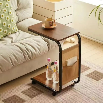 Contemporary Scandinavian Wood Steel C-Shaped Rectangular Side Table With 2 Tiers For Living Room