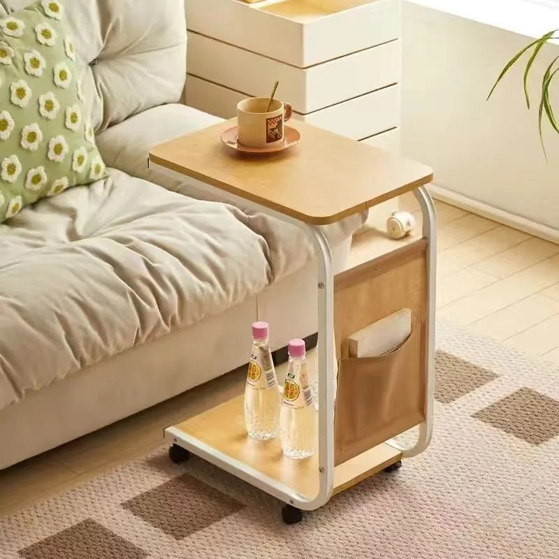Contemporary Scandinavian Wood Steel C-Shaped Rectangular Side Table With 2 Tiers For Living Room