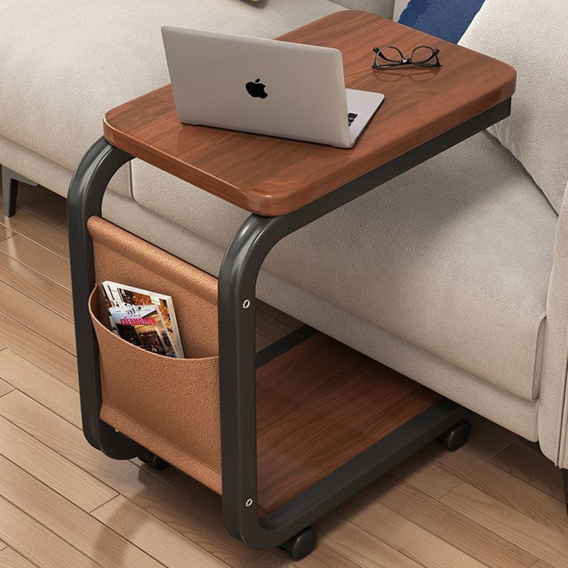 Contemporary Scandinavian Wood Steel C-Shaped Rectangular Side Table With 2 Tiers For Living Room