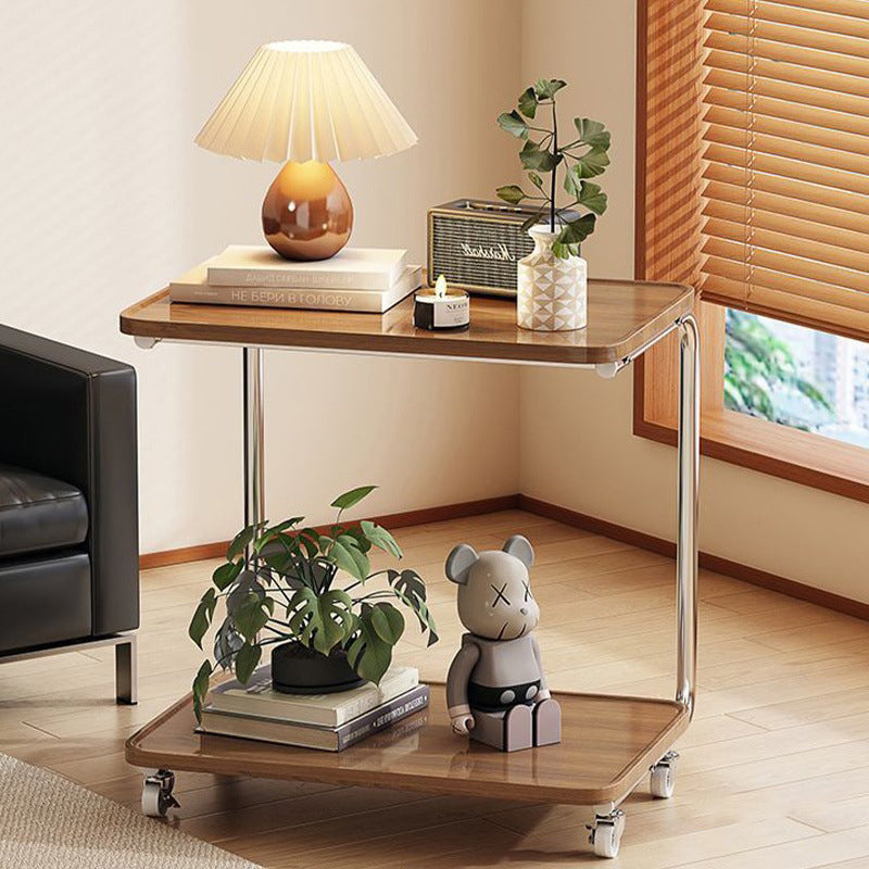 Traditional Chinese Engineered Wood Metal U-Shaped Rectangular Side Table With 2 Tiers For Living Room