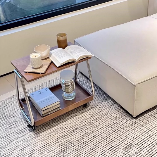 Traditional Vintage Solid Wood Stainless Steel Rectangular Mobile Side Table With 2 Tiers For Living Room