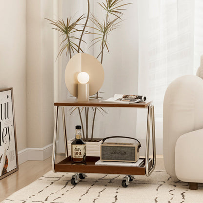 Traditional Vintage Solid Wood Stainless Steel Rectangular Mobile Side Table With 2 Tiers For Living Room