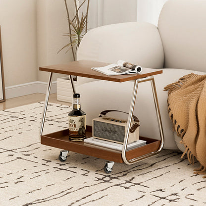 Traditional Vintage Solid Wood Stainless Steel Rectangular Mobile Side Table With 2 Tiers For Living Room