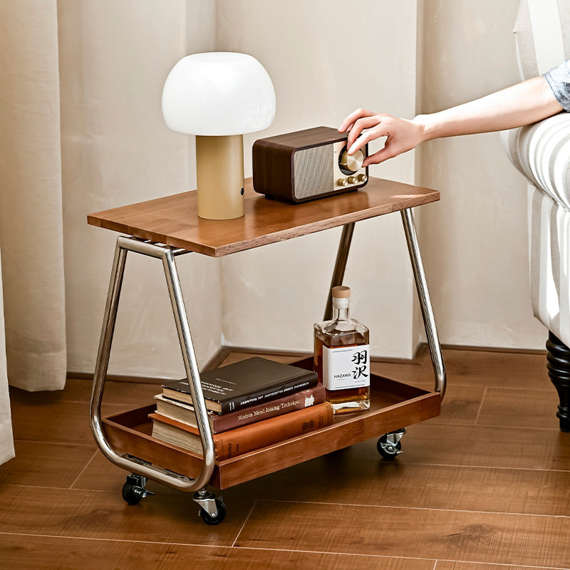 Traditional Vintage Solid Wood Stainless Steel Rectangular Mobile Side Table With 2 Tiers For Living Room