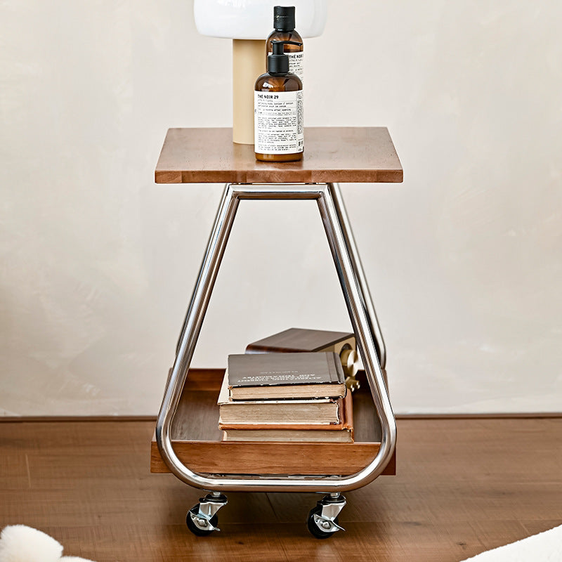 Traditional Vintage Solid Wood Stainless Steel Rectangular Mobile Side Table With 2 Tiers For Living Room