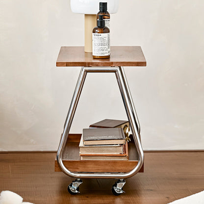 Traditional Vintage Solid Wood Stainless Steel Rectangular Mobile Side Table With 2 Tiers For Living Room