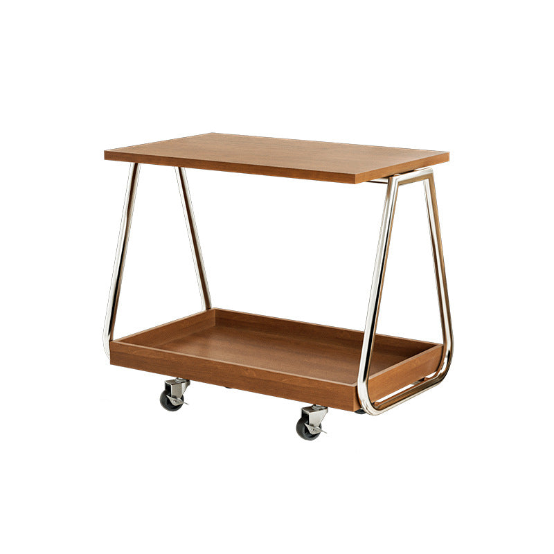 Traditional Vintage Solid Wood Stainless Steel Rectangular Mobile Side Table With 2 Tiers For Living Room