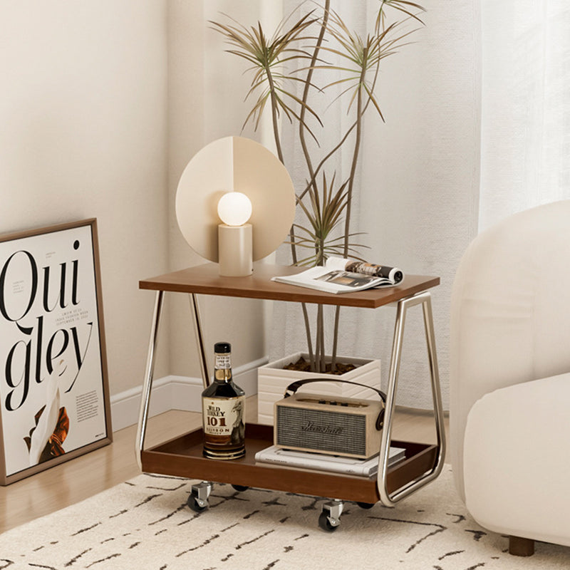 Traditional Vintage Solid Wood Stainless Steel Rectangular Mobile Side Table With 2 Tiers For Living Room