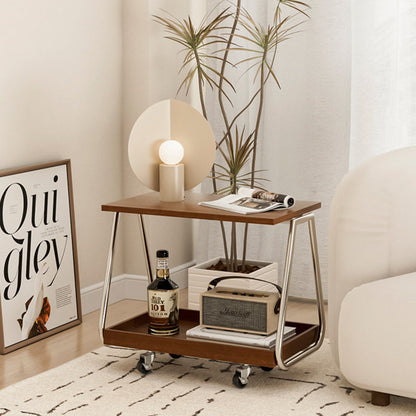 Traditional Vintage Solid Wood Stainless Steel Rectangular Mobile Side Table With 2 Tiers For Living Room