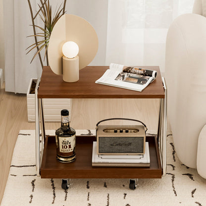 Traditional Vintage Solid Wood Stainless Steel Rectangular Mobile Side Table With 2 Tiers For Living Room