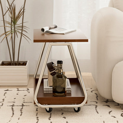 Traditional Vintage Solid Wood Stainless Steel Rectangular Mobile Side Table With 2 Tiers For Living Room