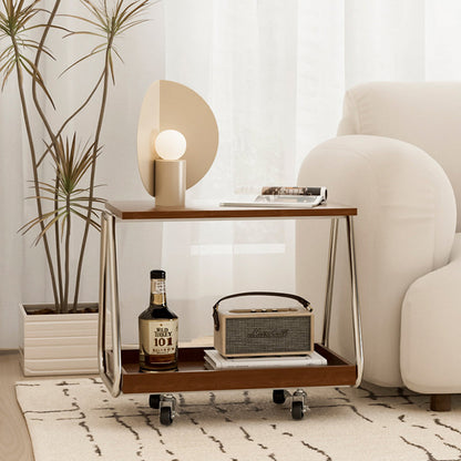Traditional Vintage Solid Wood Stainless Steel Rectangular Mobile Side Table With 2 Tiers For Living Room
