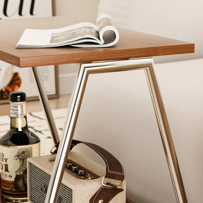 Traditional Vintage Solid Wood Stainless Steel Rectangular Mobile Side Table With 2 Tiers For Living Room