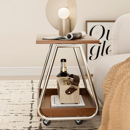 Traditional Vintage Solid Wood Stainless Steel Rectangular Mobile Side Table With 2 Tiers For Living Room