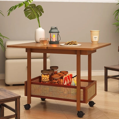 Traditional Chinese Bamboo Composite Board Plastic Rattan Rectangular Foldable Mobile Coffee Table With 1 Tier For Living Room