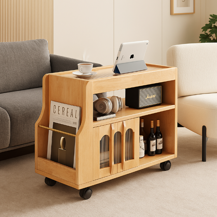 Traditional Vintage Solid Wood Metal Glass Rectangular Mobile Side Table With 3 Tiers For Living Room