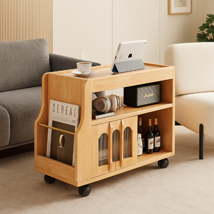 Traditional Vintage Solid Wood Metal Glass Rectangular Mobile Side Table With 3 Tiers For Living Room