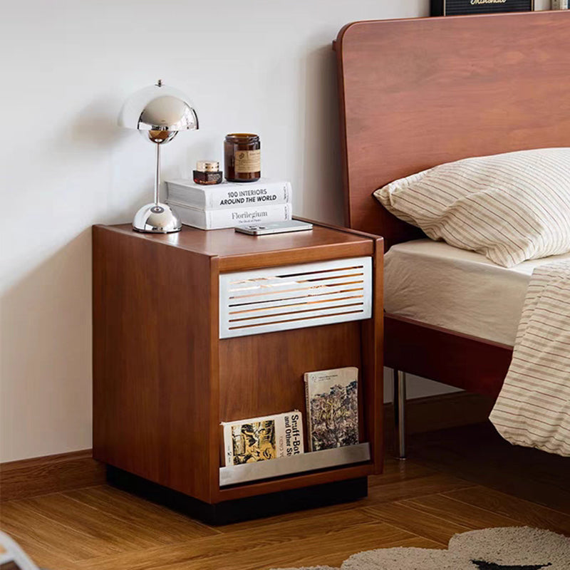 Traditional Vintage Solid Wood & Metal Rectangular Nightstand With 2 Drawers For Bedroom