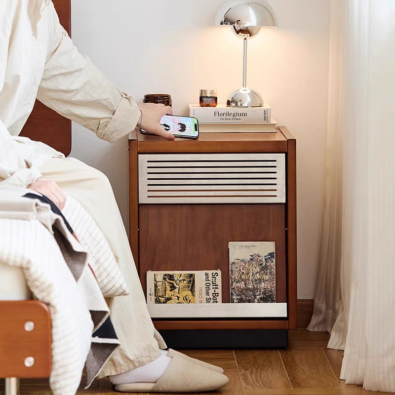 Traditional Vintage Solid Wood & Metal Rectangular Nightstand With 2 Drawers For Bedroom