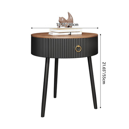 Modern Luxury Solid Wood Iron PVC Round Textured Nightstand With 1 Drawer For Bedroom