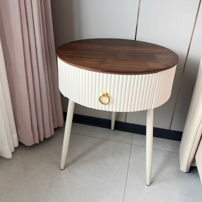 Modern Luxury Solid Wood Iron PVC Round Textured Nightstand With 1 Drawer For Bedroom
